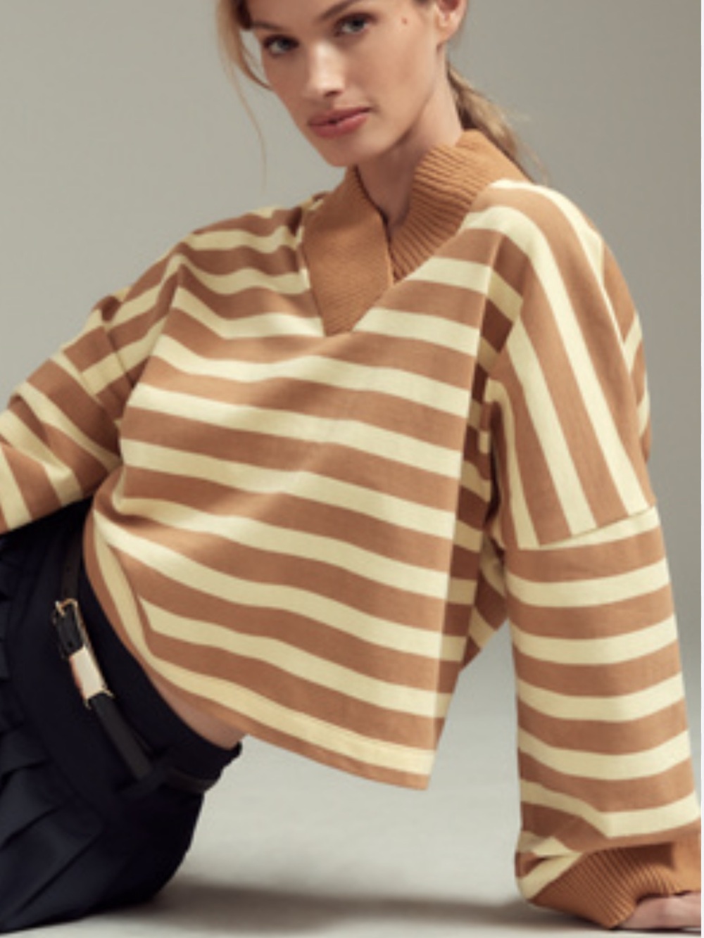 Anthropologie Maeve Boxy Oversized V-Neck Top Yellow Brown Size XXS EUC